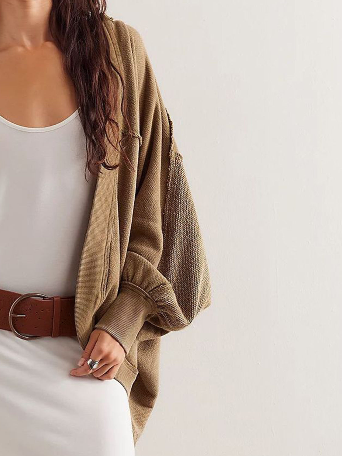 Exposed Seam Open Front Batwing Sleeve Hooded Cardigan Trendsi