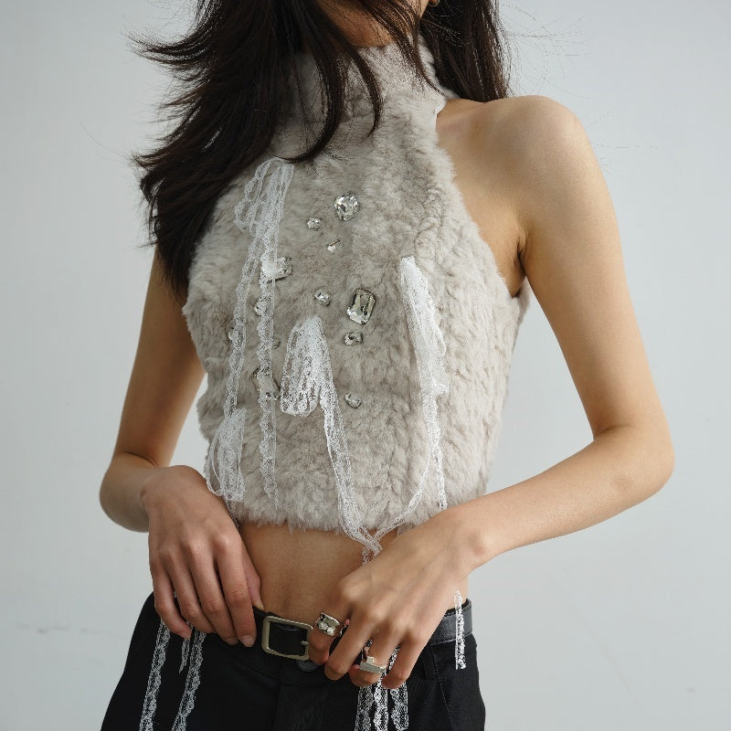 Soft And Adorable Fur Lace Tassel Light Diamond Vest ARZ