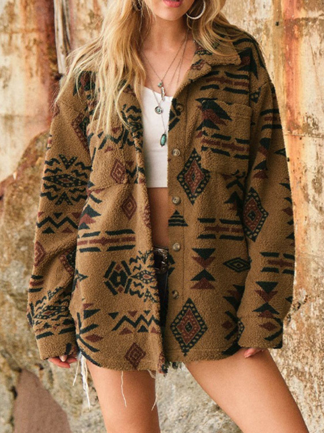 Geometric Button Up Long Sleeve Sherpa Jacket Trendsi