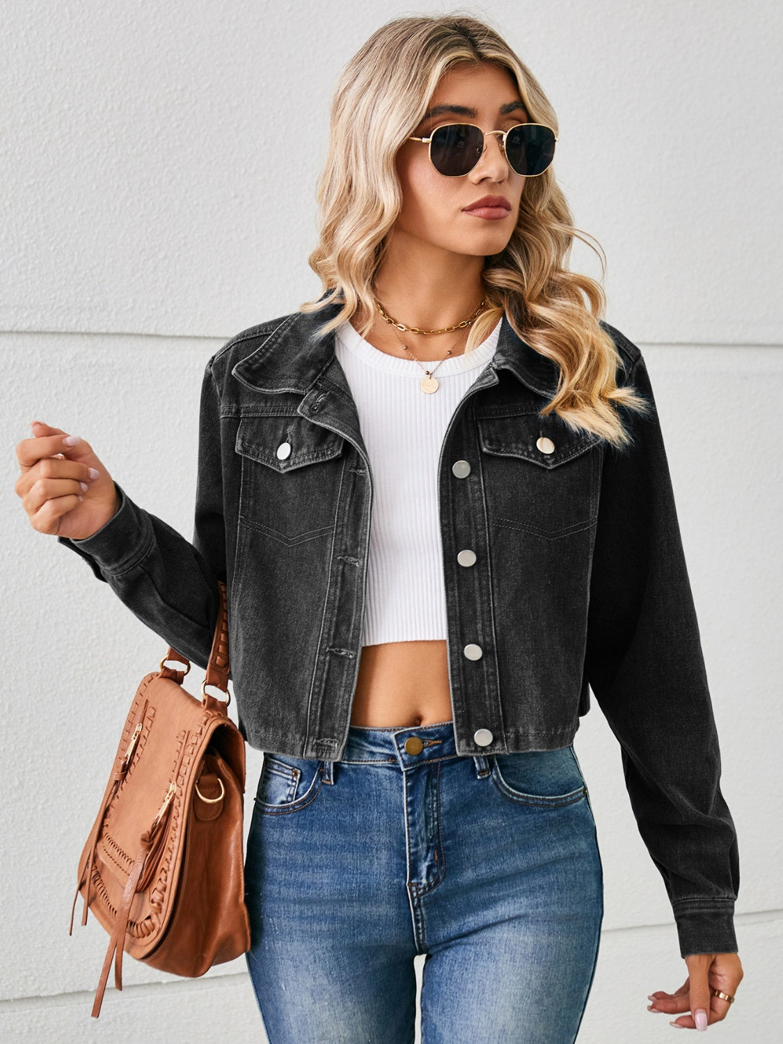 Button Up Long Sleeve Denim Jacket Trendsi