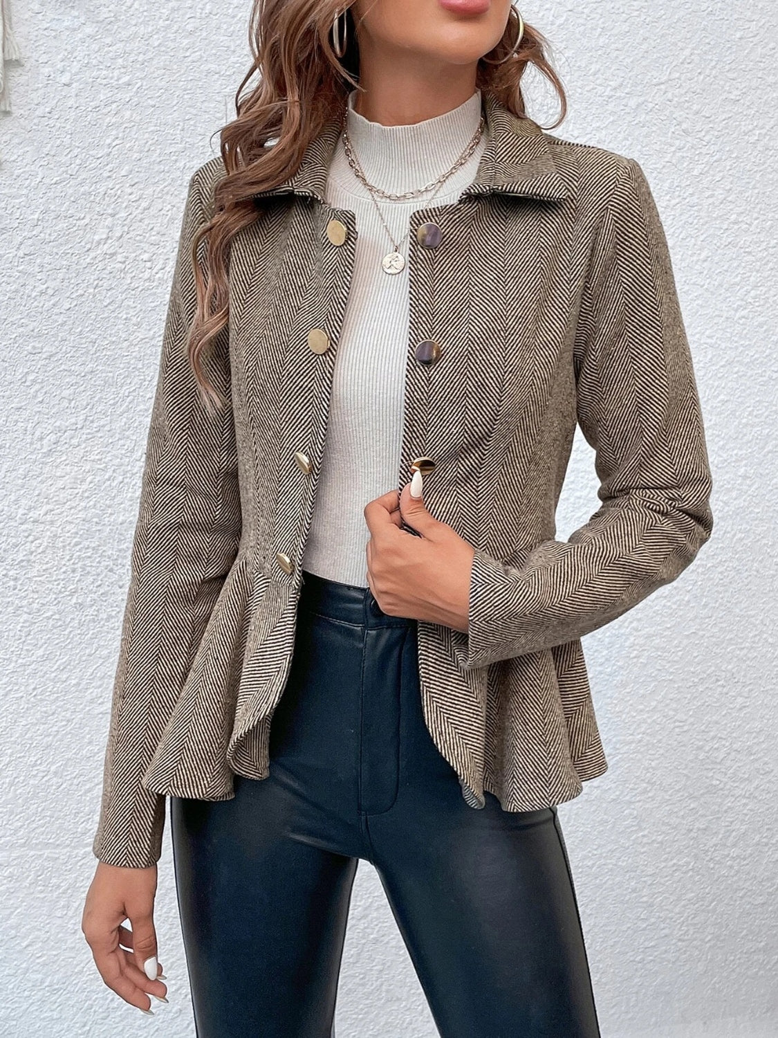 Ruffle Hem Collared Blazer Trendsi