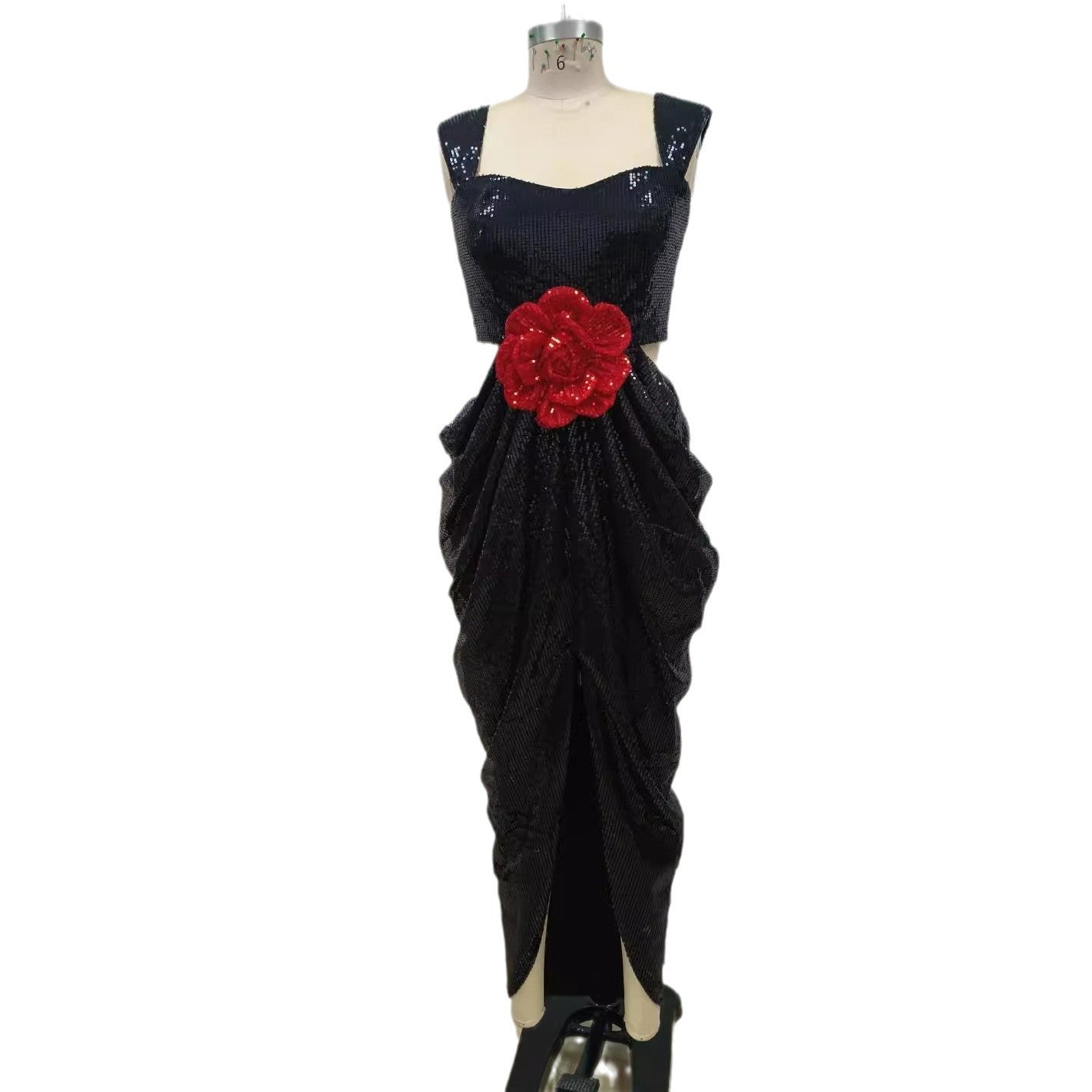 Elegant Black Paillette Three-dimensional Flower Decoration Banquet Dress ARZ