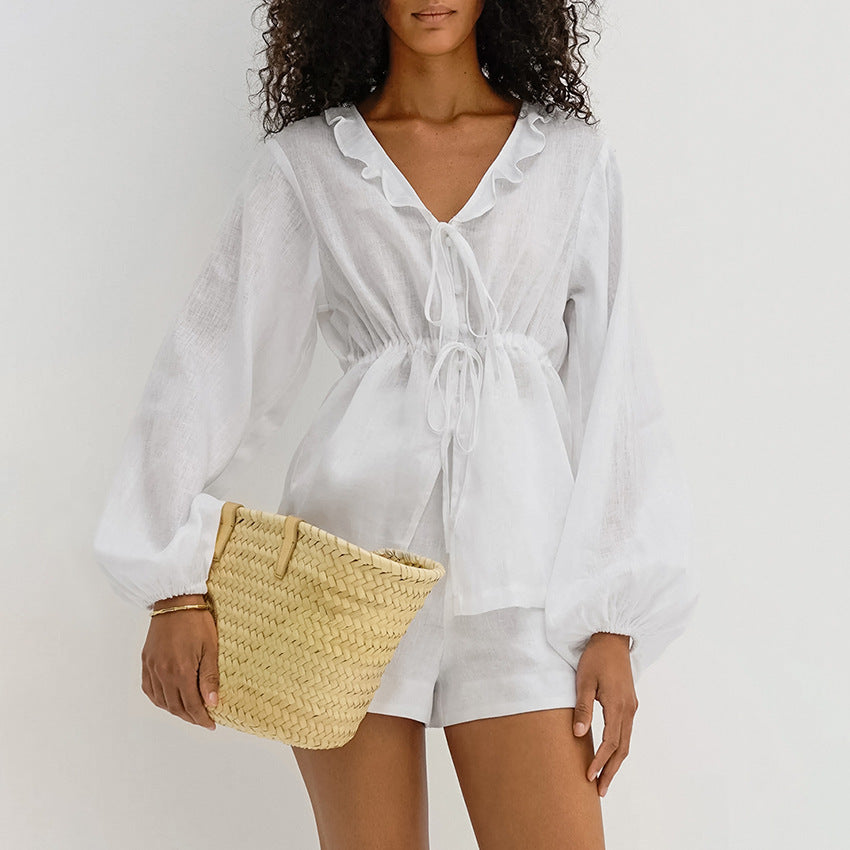 European And American Holiday Leisure Cotton And Linen Suit Fashion Lantern Sleeve Shirt ARZ