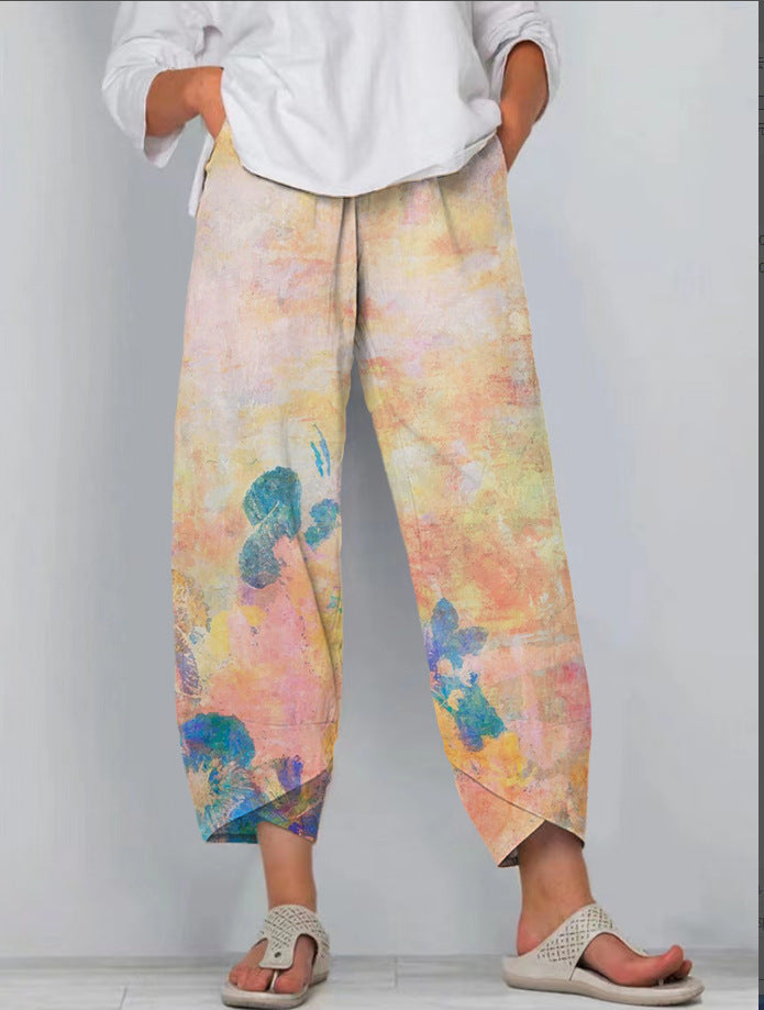 Printed Loose Casual Elastic Waist Straight-leg Pants ARZ