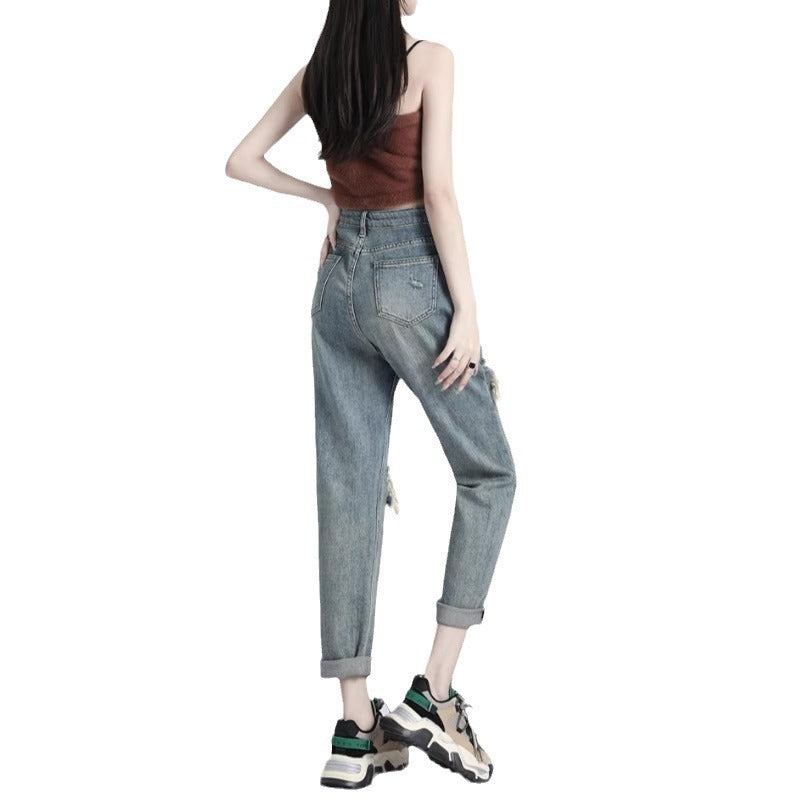 Ripped Daddy Jeans For Women Spring And Autumn 2024 New High Waist Loose Small ARZ