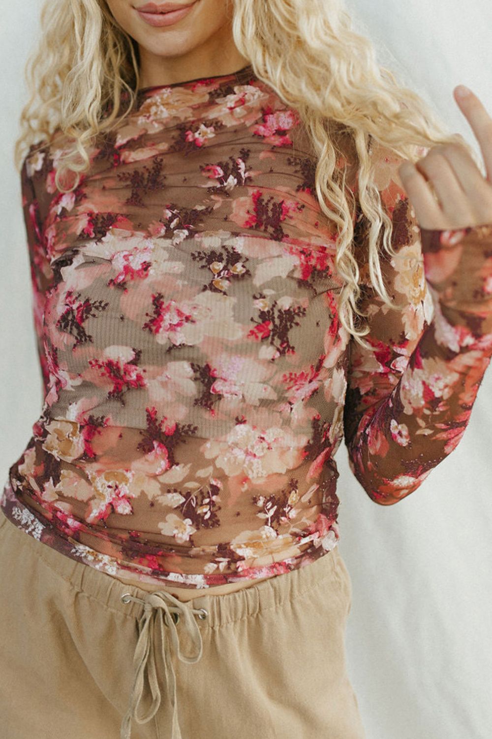 Sheer Top - Floral Mock Neck Long Sleeve Design Trendsi