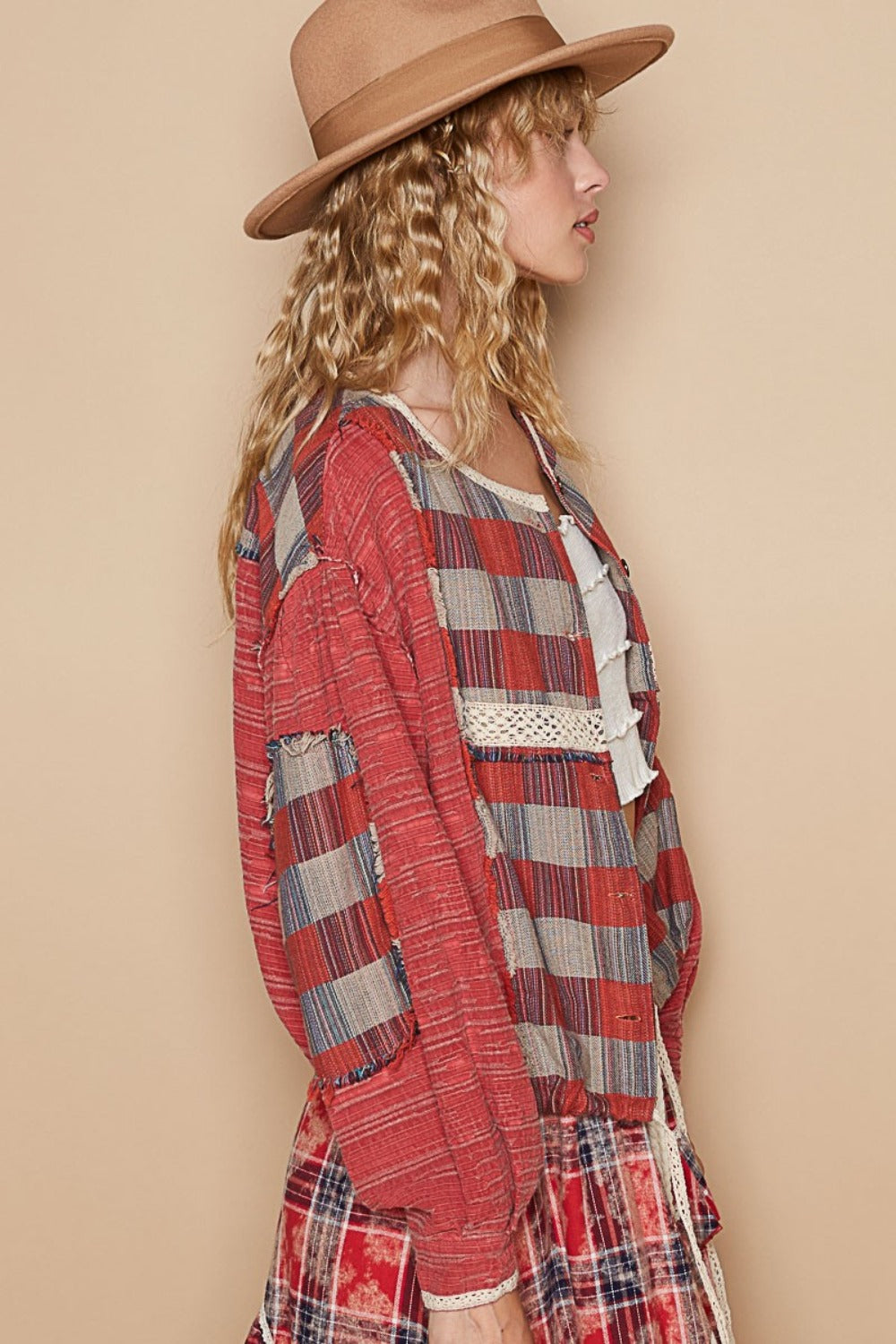 POL Round Neck Long Sleeve Plaid Shirt Trendsi