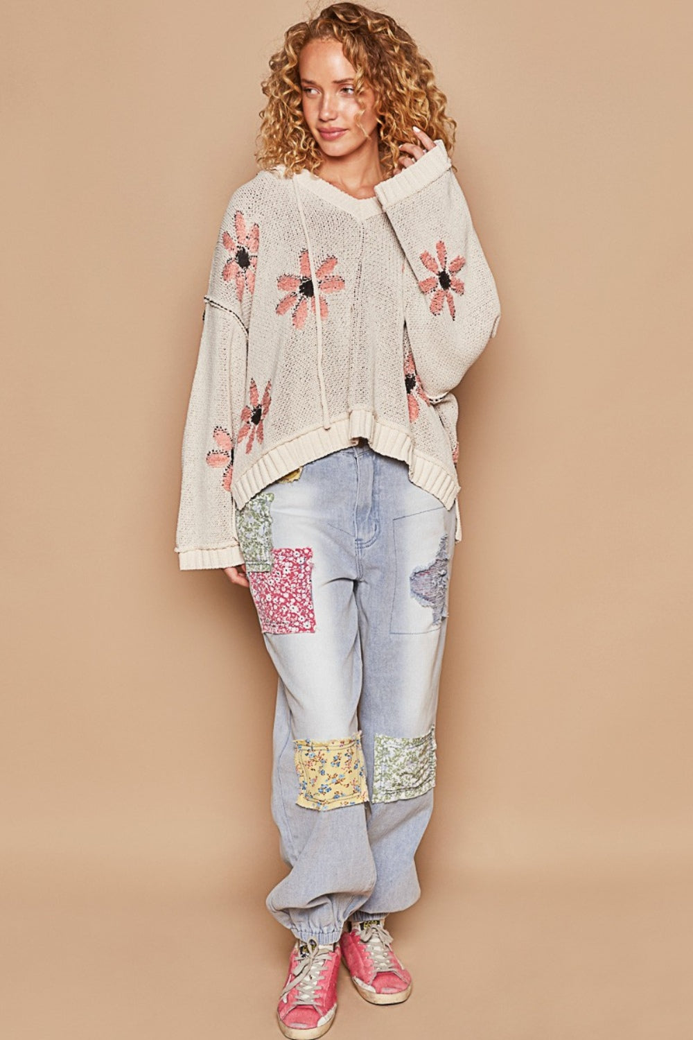 POL Floral Pattern Hooded High-Low Sweater Trendsi