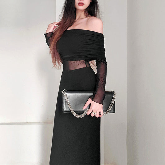 Women's Winter Sexy Off-the-shoulder Pleated Long Sleeve Polyester Dress ARZ