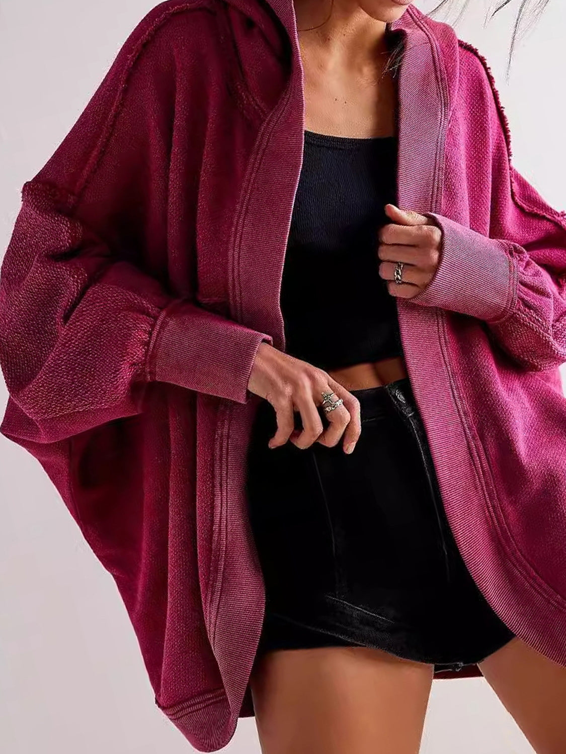 Exposed Seam Open Front Batwing Sleeve Hooded Cardigan Trendsi