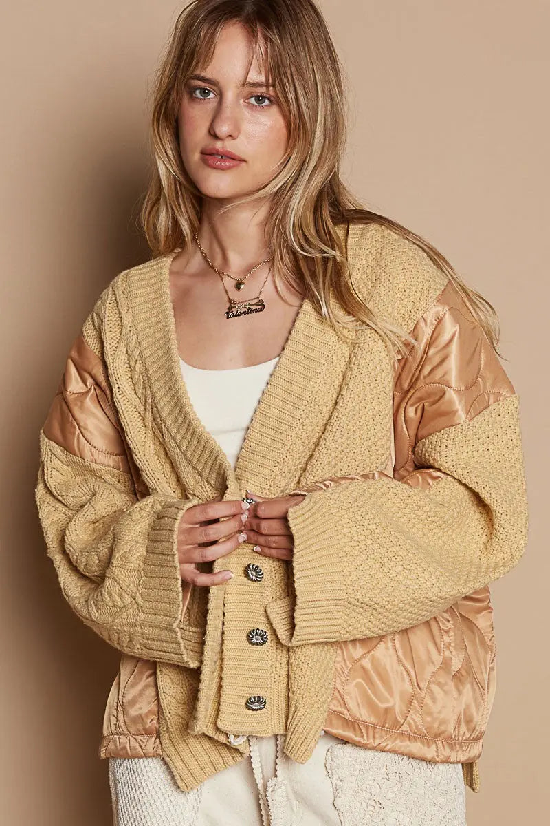 POL Quilting Patch Button Up Cable Knit Jacket Trendsi