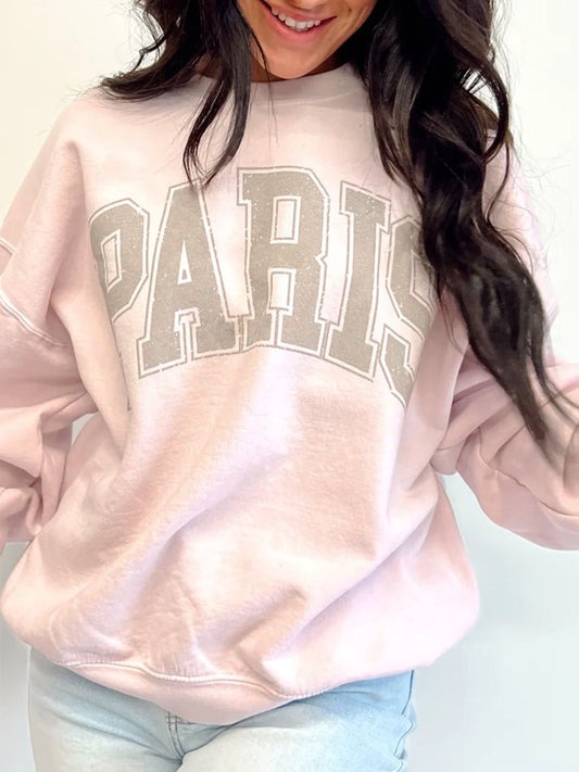 PARIS Round Neck Long Sleeve Sweatshirt Trendsi