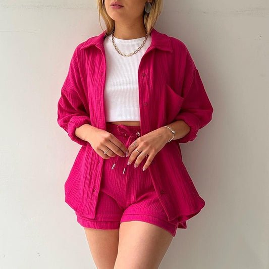 Spring Champray Lapel Long Sleeve Shirt High Waist Drawstring Shorts Plus Size Fashion Casual Set ARZ