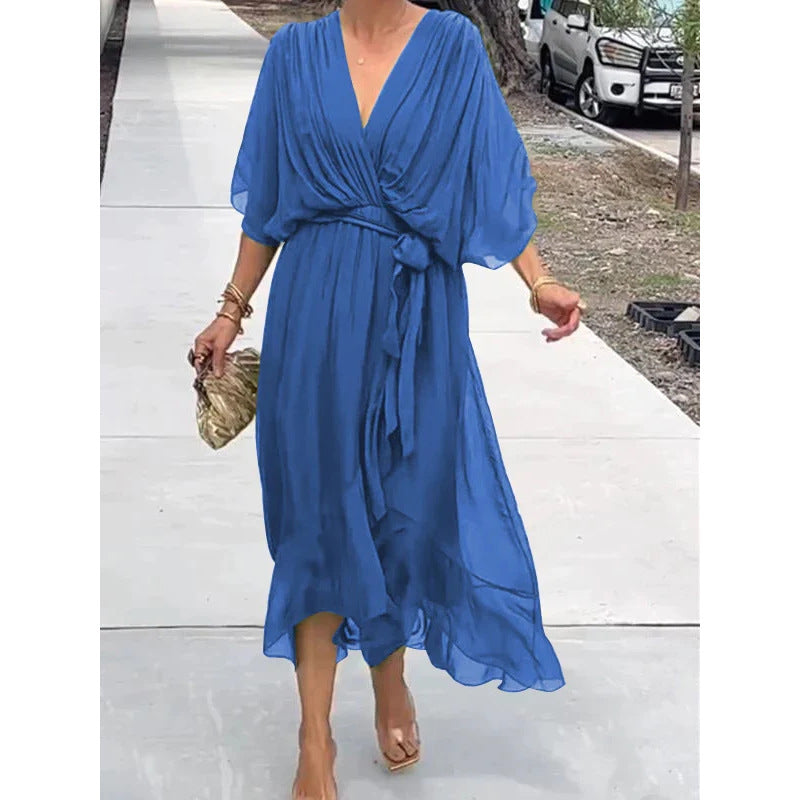 Batwing Sleeve V-neck Dress Summer Pure Color Tied Irregular Long Dresses Womens Clothing ARZ