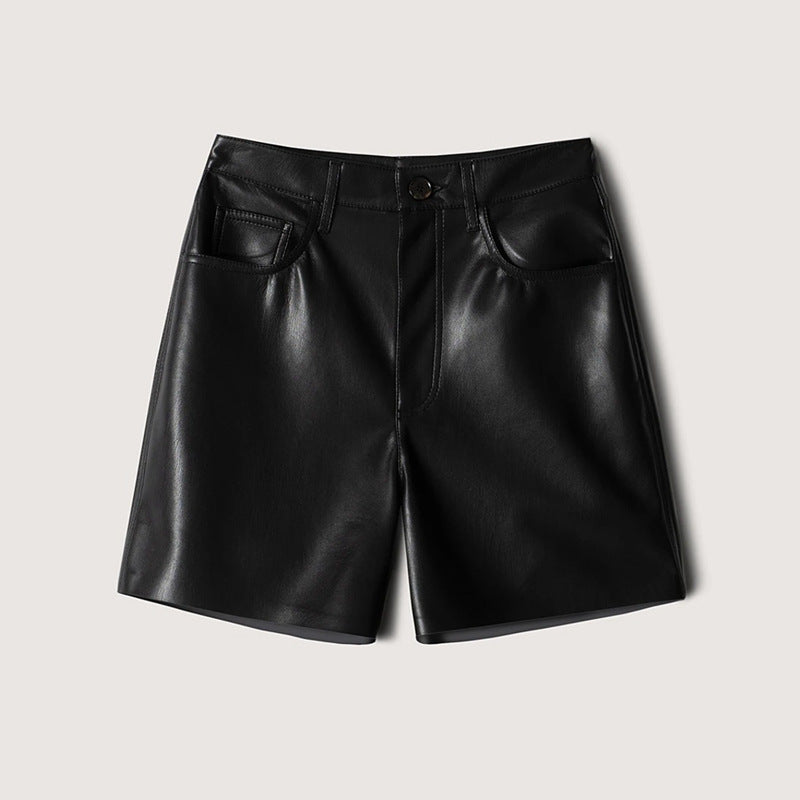 Women's Casual Niche Leisure Commute Leather High Waist Straight Shorts ARZ