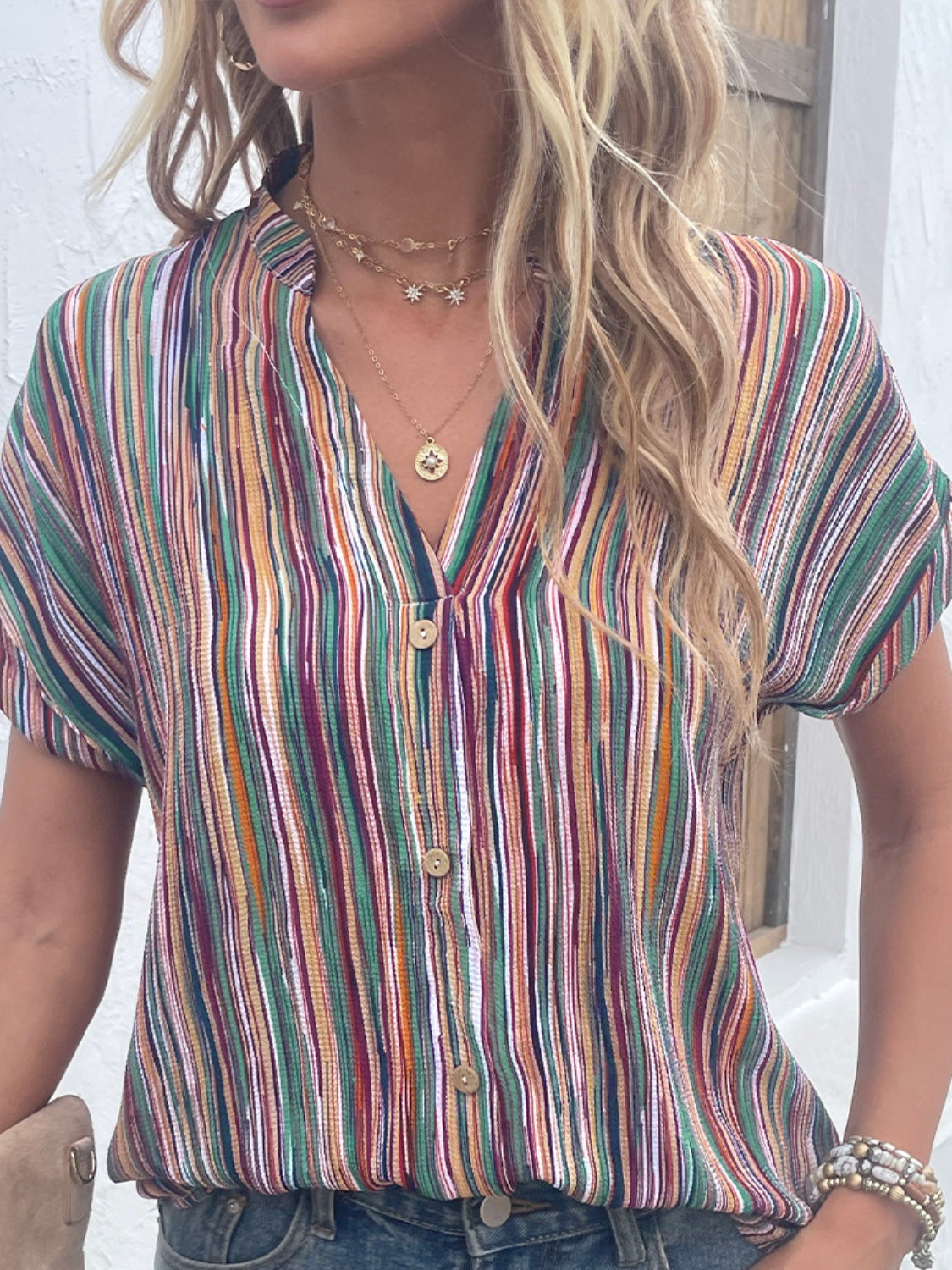 Shiny Striped Notched Short Sleeve Blouse Trendsi