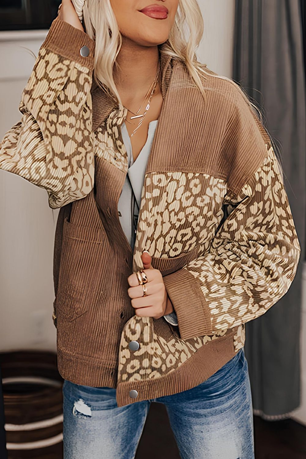 Leopard Button Up Drop Shoulder Jacket Trendsi