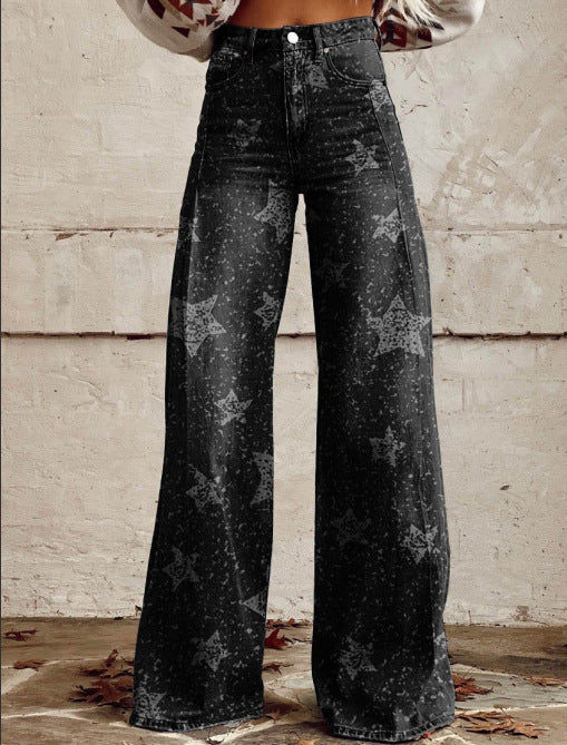 Wide-legged Pants Thermal Transfer Bell-bottom Pants Simulation Denim Trousers ARZ