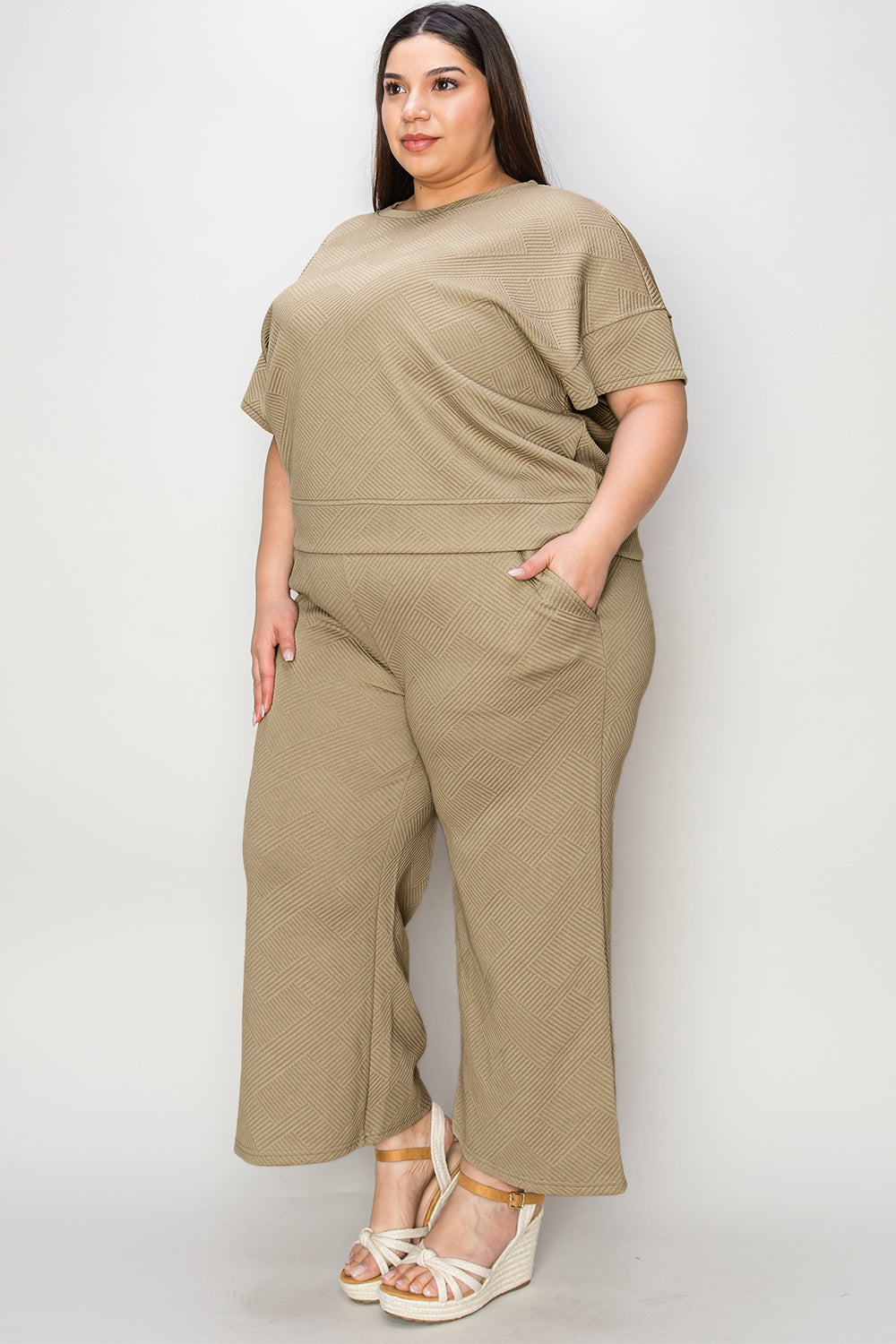 Double Take Full Size Texture Short Sleeve Top and Pants Set Trendsi