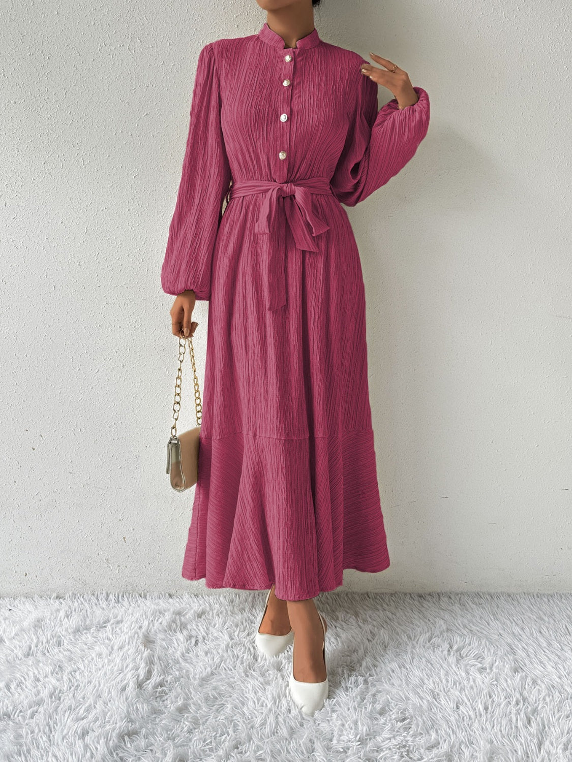 Honey Tie Waist Long Sleeve Dress Trendsi