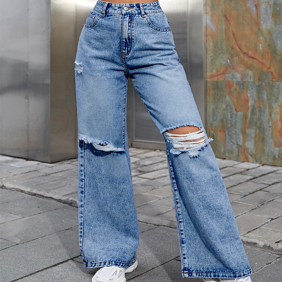 Women's Fashion Holes High Waist Casual Denim Trousers ARZ