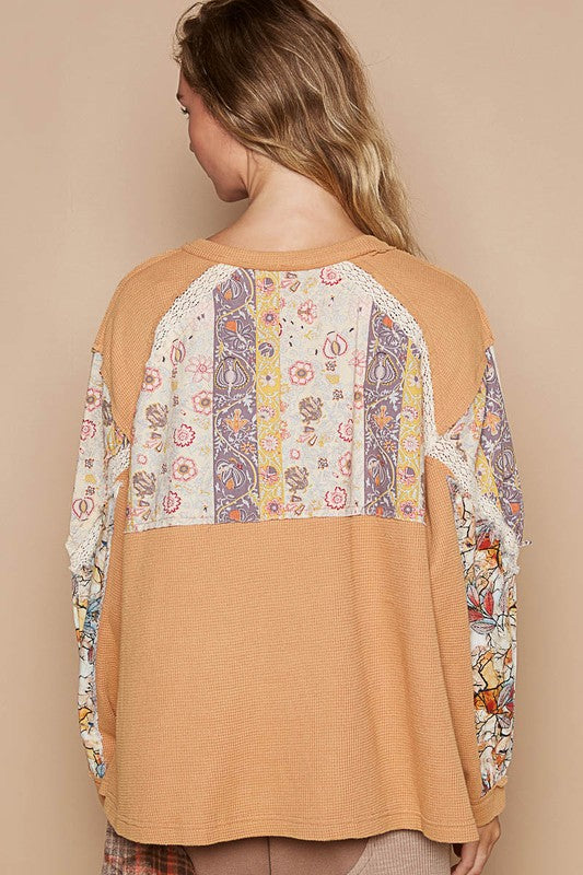 POL Waffle-Knit Lace Detail Round Neck Top Trendsi