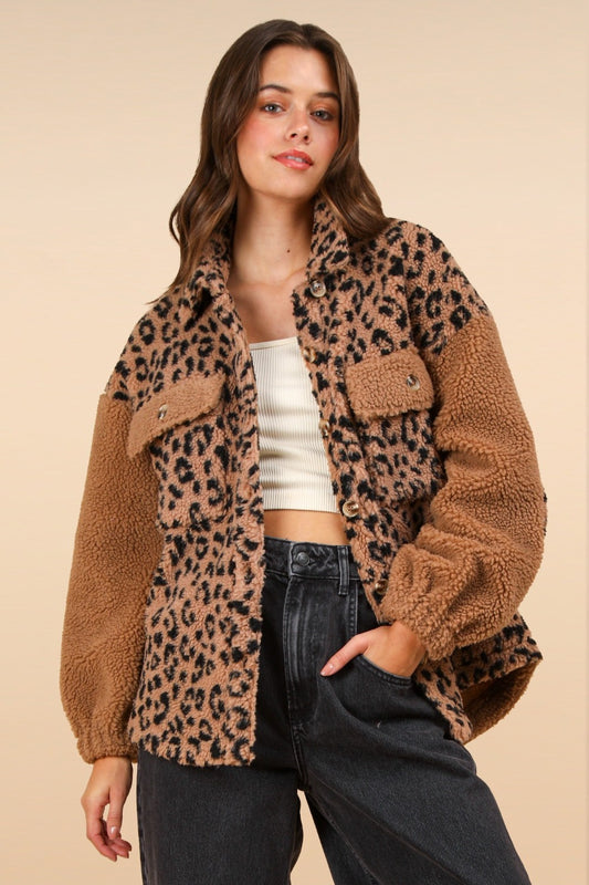 VERY J Fuzzy Leopard Button Down Long Sleeve Jacket Trendsi