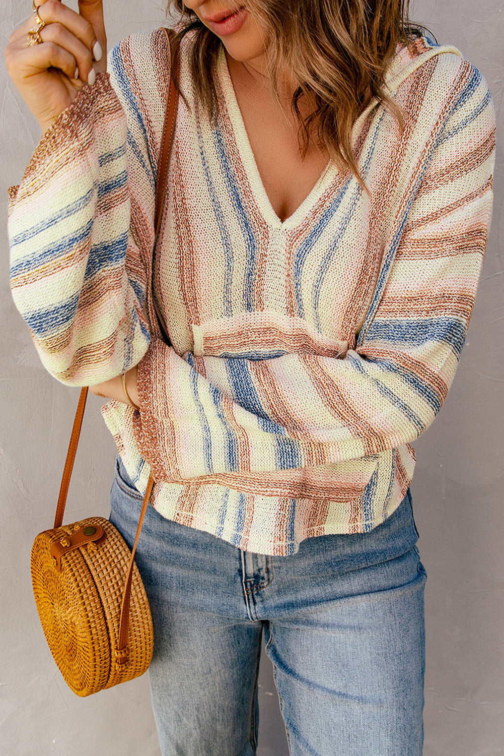 Contrast Striped Dropped Shoulder Hooded Knit Top Trendsi