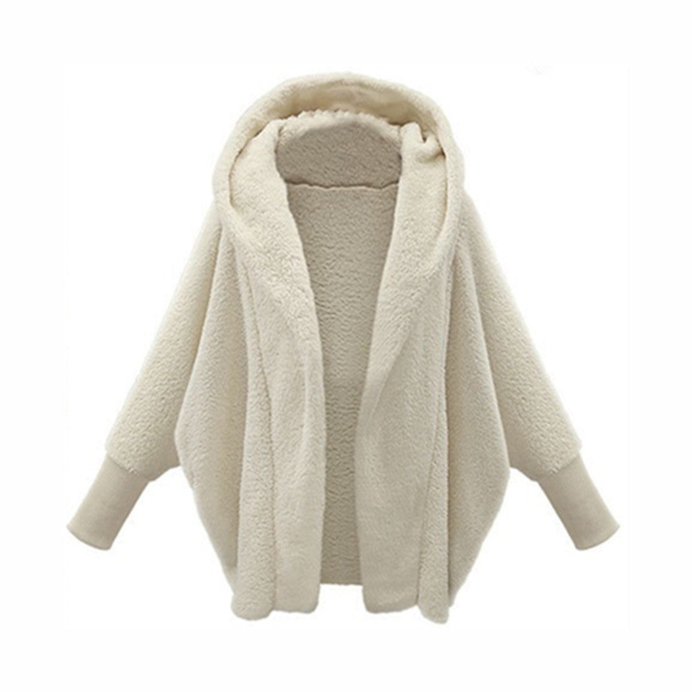 European And American Women's Clothing Solid Color Long Sleeve Hooded Loose Plush Coat ARZ