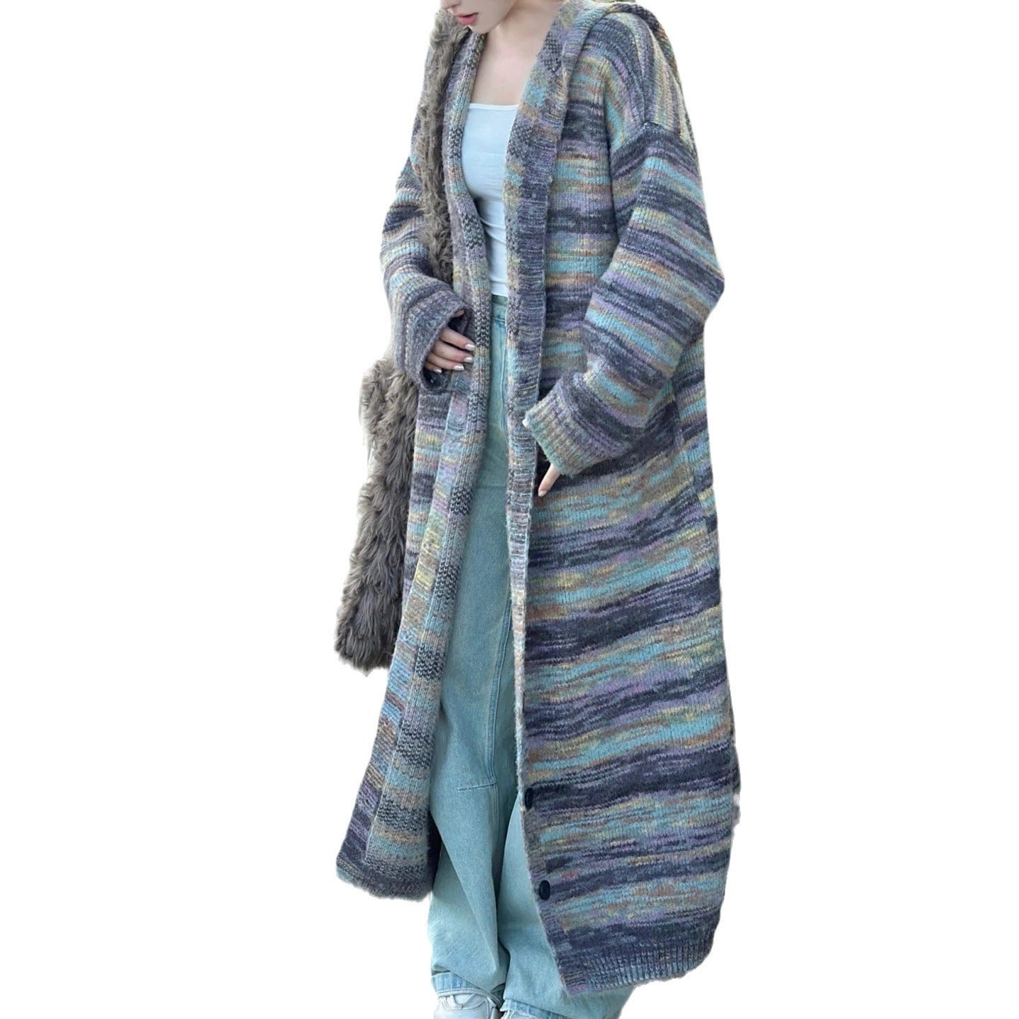 Hooded Striped Sweater Coat Idle Style Long Knitted Cardigan ARZ