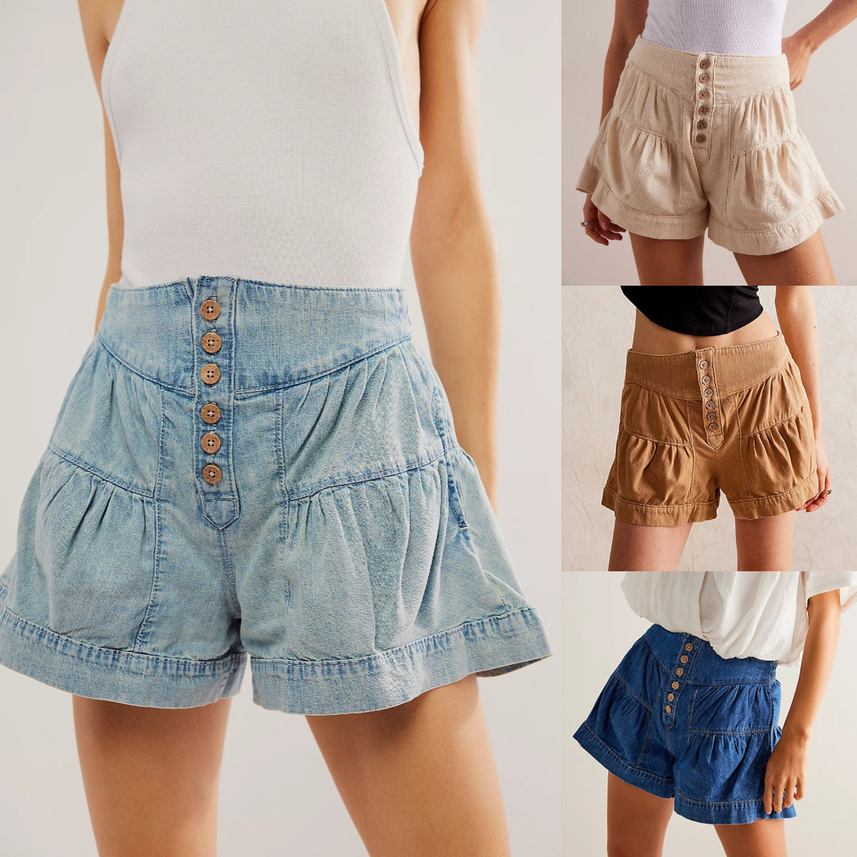 Ruffled Denim Shorts Women's Elastic Pocket ARZ