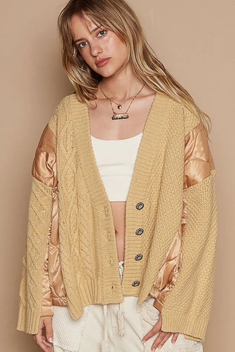 POL Quilting Patch Button Up Cable Knit Jacket Trendsi