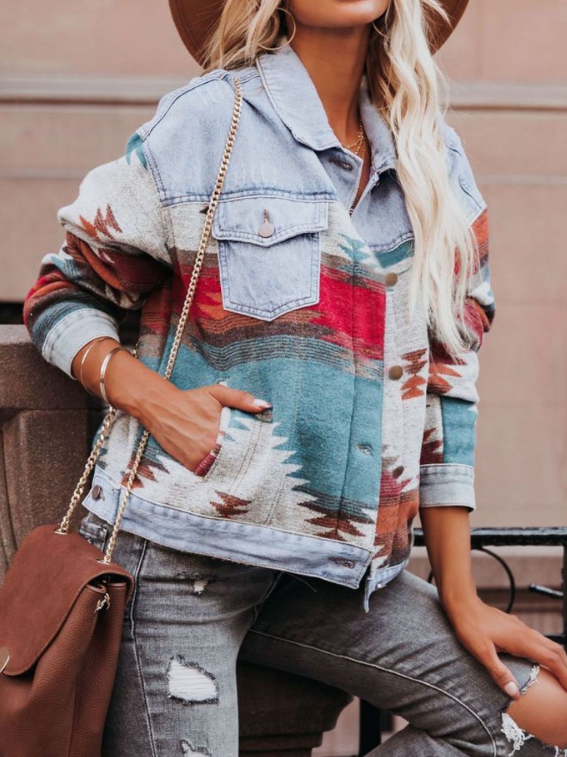 Geometric Button Up Long Sleeve Denim Jacket Trendsi