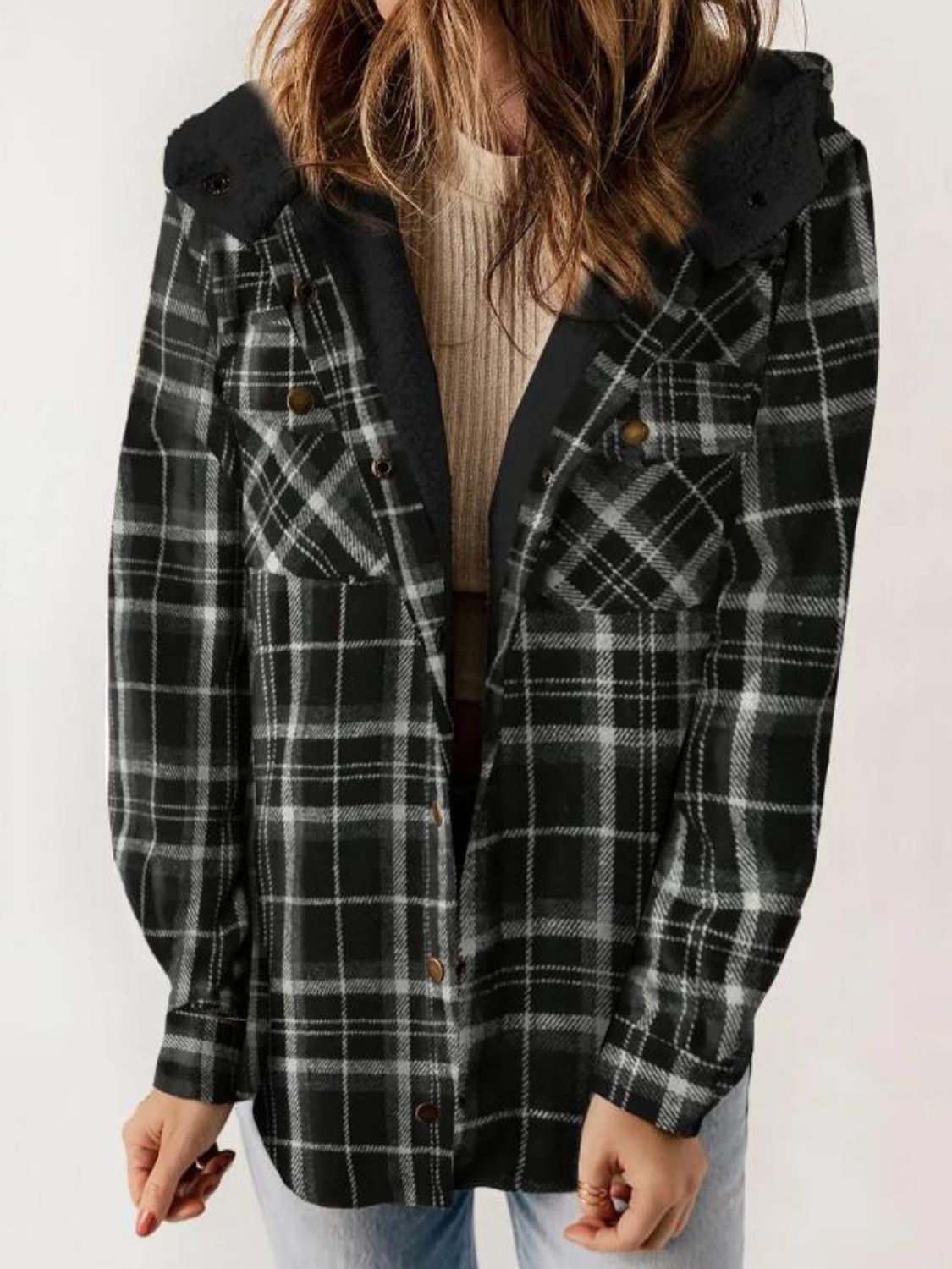 Plaid Snap Down Plush Hooded Jacket Trendsi