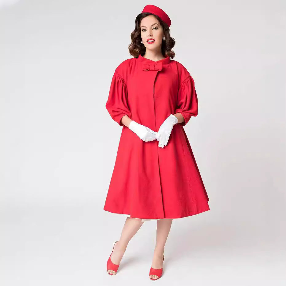 Ladies Bow Solid Color Woolen Long-cut Coat ARZ