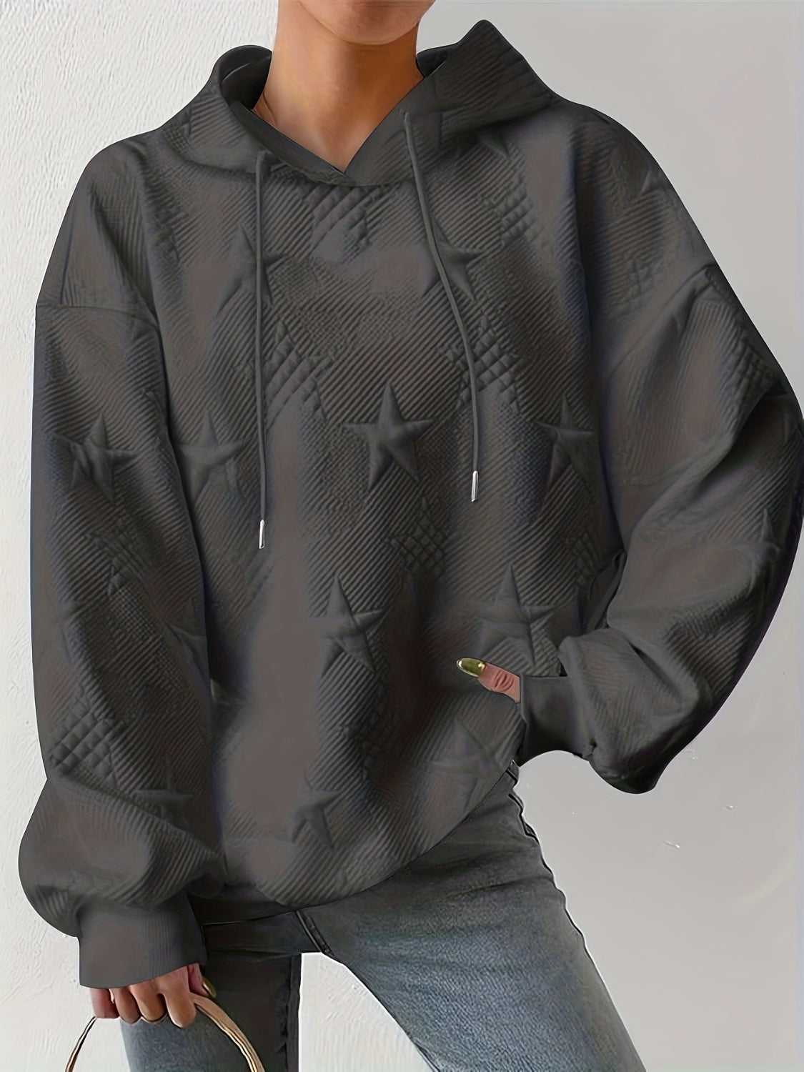 Drawstring Hoodie - Plus Size Star Texture Long Sleeve Hoodie Trendsi