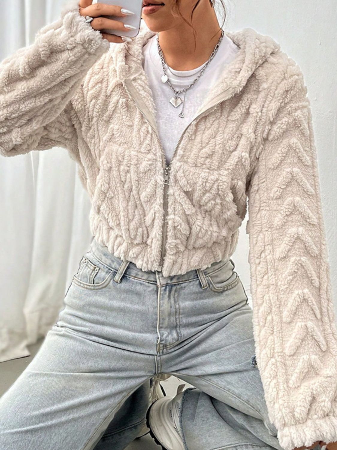 Fuzzy Zip Up Long Sleeve Hooded Outerwear Trendsi