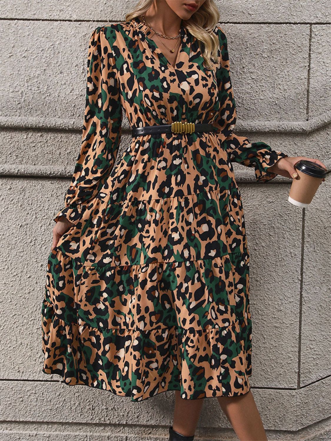 Perfee Leopard Notched Flounce Sleeve Midi Dress Trendsi