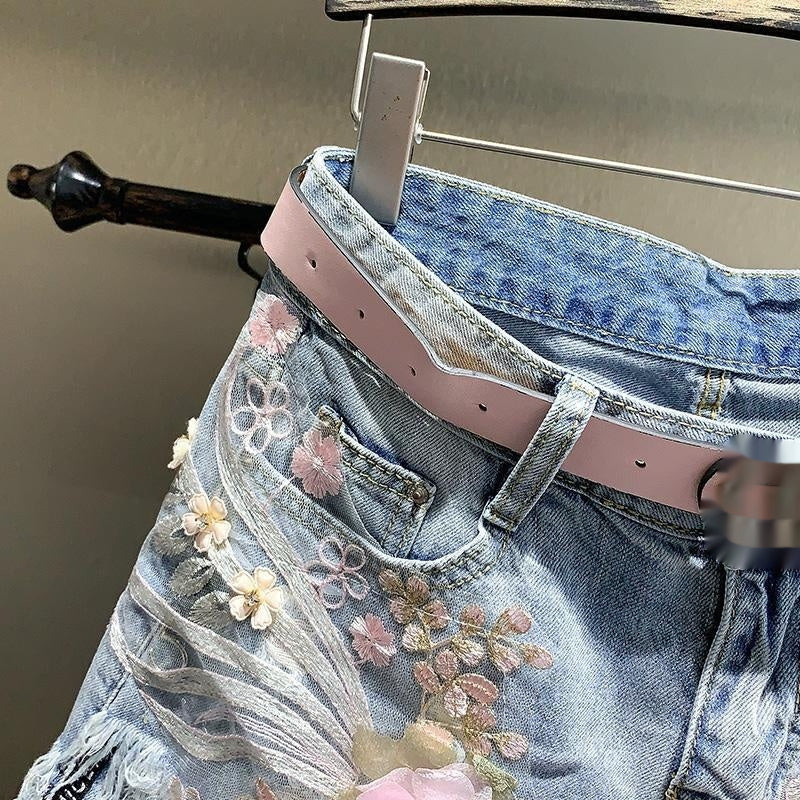 New Embroidery Beads Loose Straight Denim Shorts Women ARZ