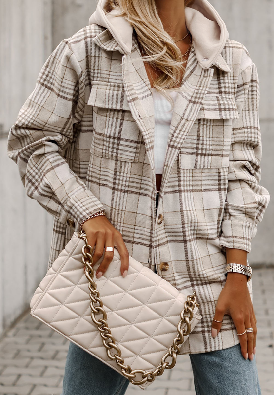 Plaid Removable Hood Button Up Shacket Trendsi