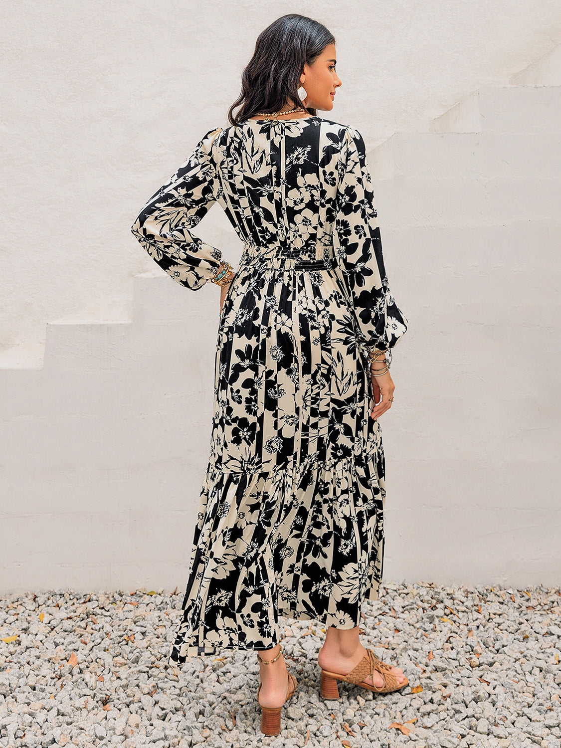 Smocked Printed Tie Neck Long Sleeve Dress Trendsi