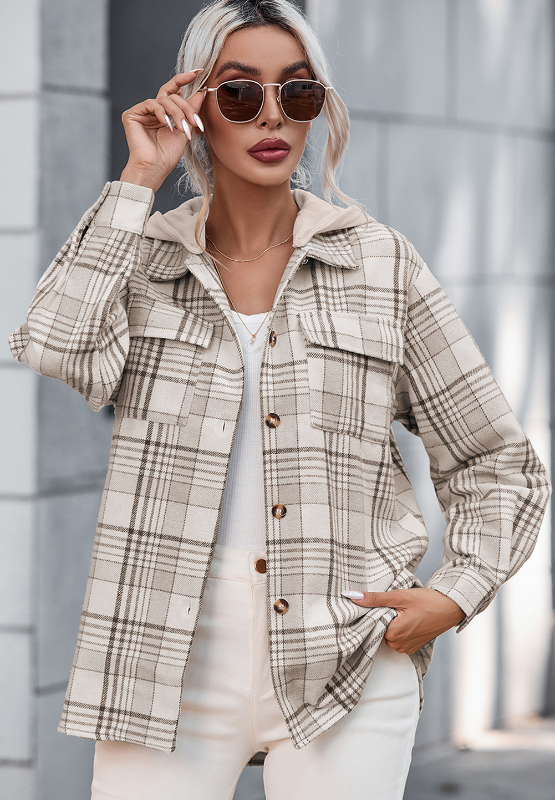 Plaid Removable Hood Button Up Shacket Trendsi