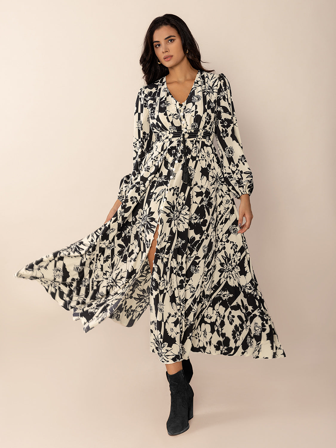 Tied Printed V-Neck Long Sleeve Midi Dress Trendsi