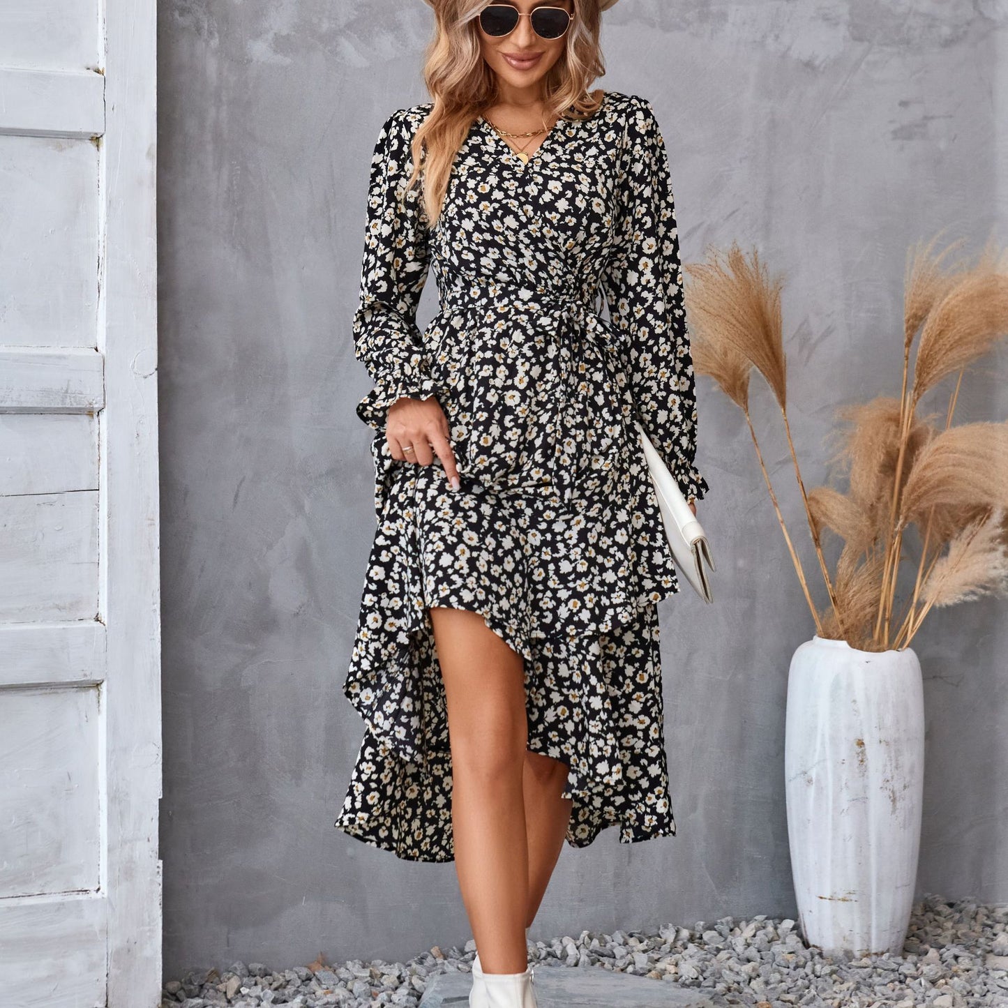 Flowers Print Long Sleeve Dress Fashion Ruffled Commuter Temperament Dresses Womens Clothing ARZ