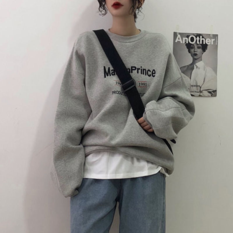 Loose Vintage Gray Round-collar Hoodless Sweater Women ARZ