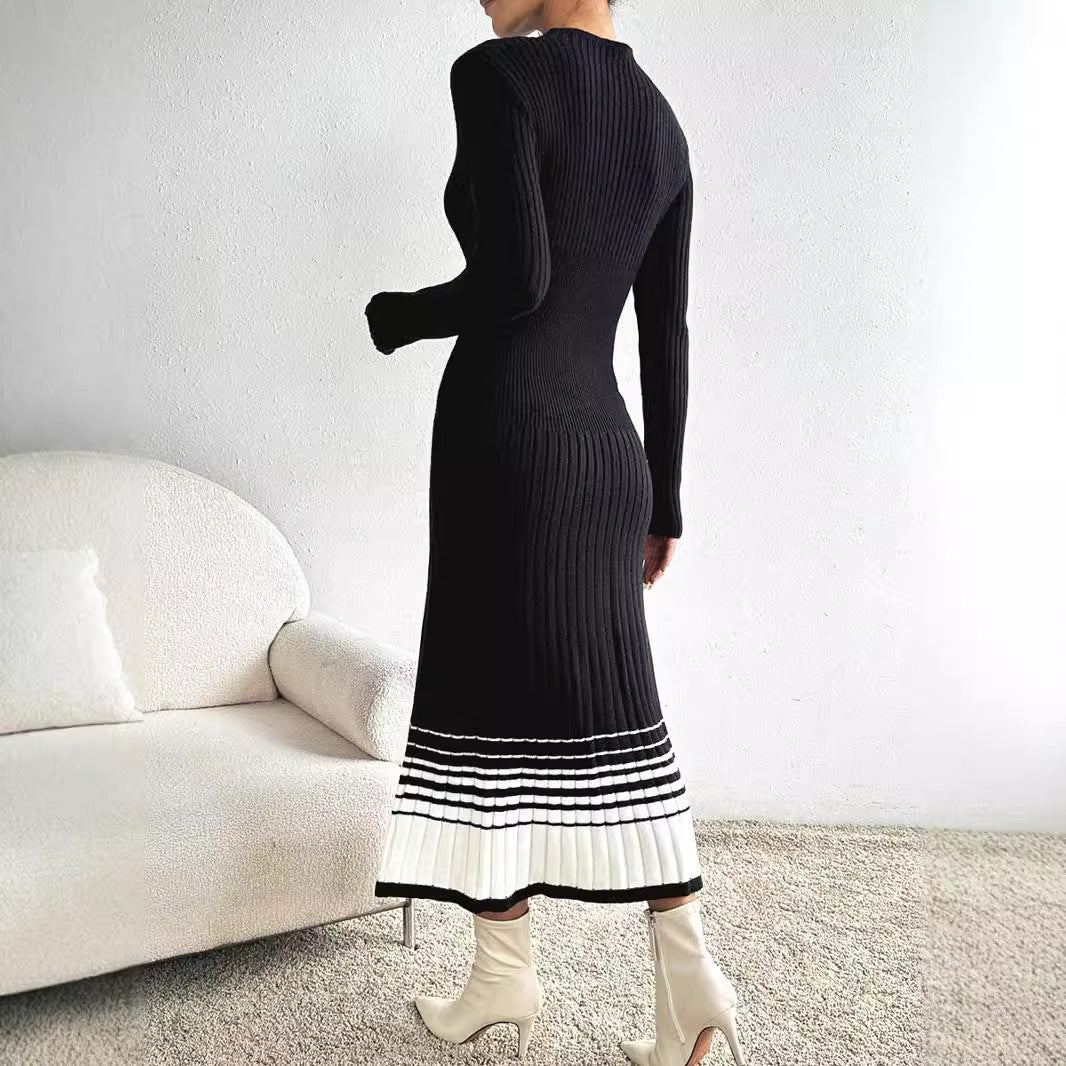 Women's Woolen Skirt Black And White Stripes Dress ARZ