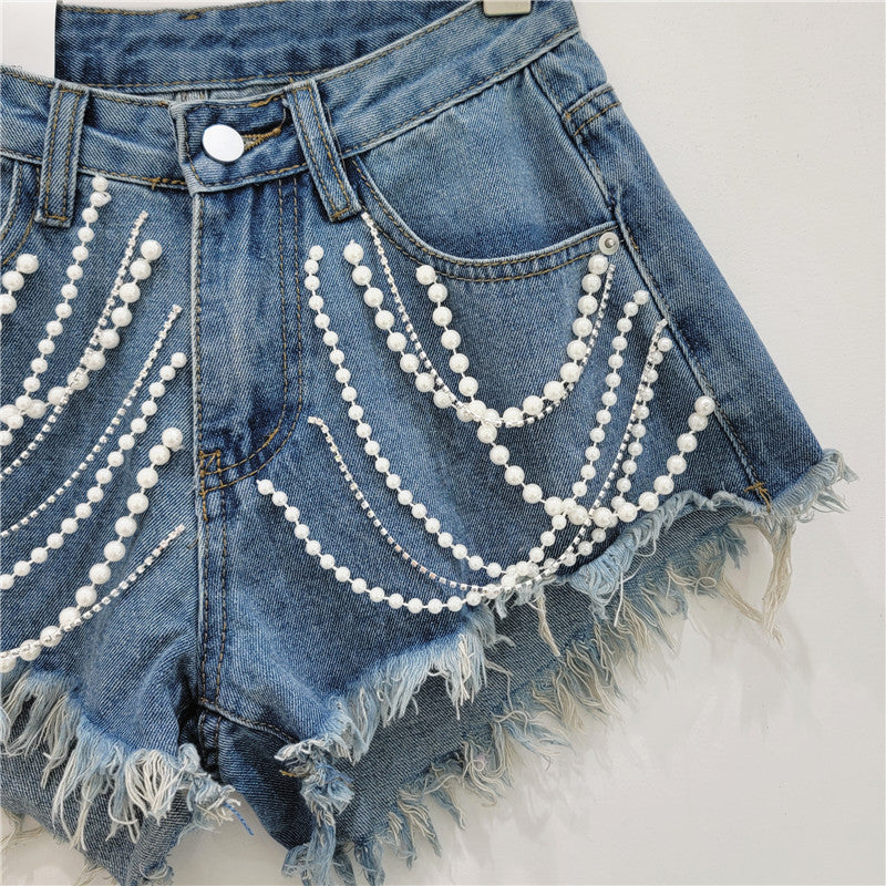 Denim Shorts Women's Summer High Waist Slimming Rhinestone Fringed Burr ARZ