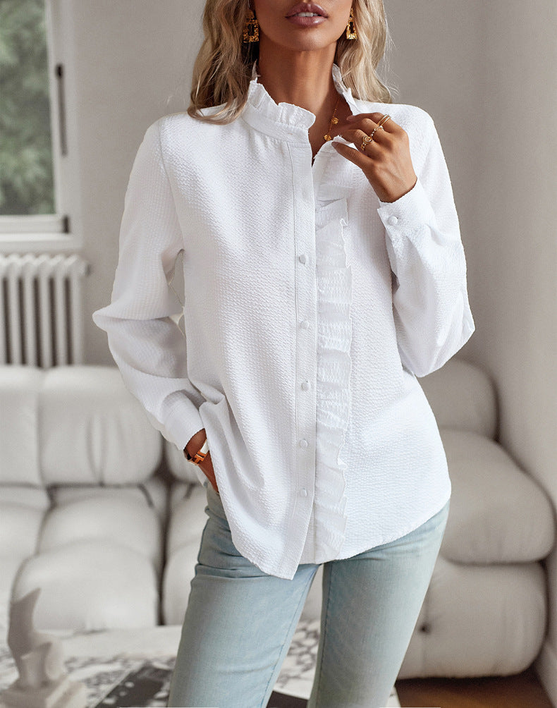 Striped Long Sleeve Shirt Fashion Ruffle Design Button Up Tops Casual Office Blouse Elegant Commuting Women's Clothing ARZ