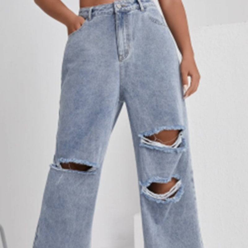 Women's Denim With Hole High Waist Straight-leg Pants ARZ