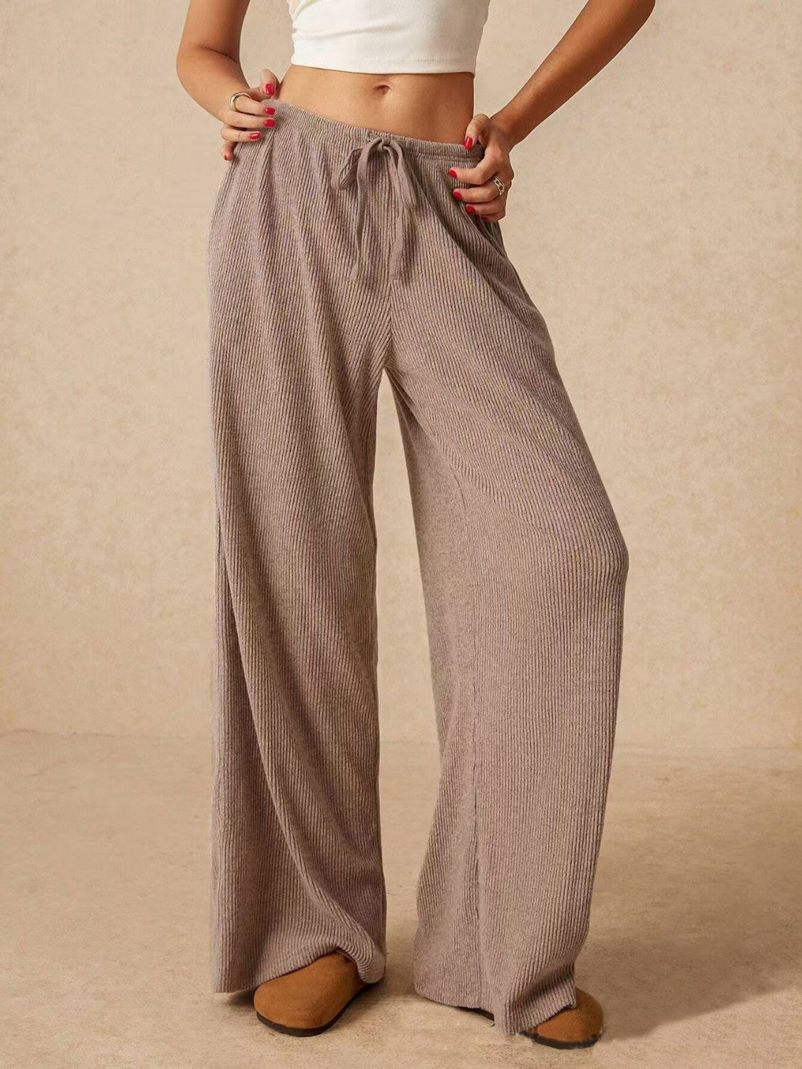 Stylish Drawstring Trousers - Ribbed Wide Leg Pants Trendsi